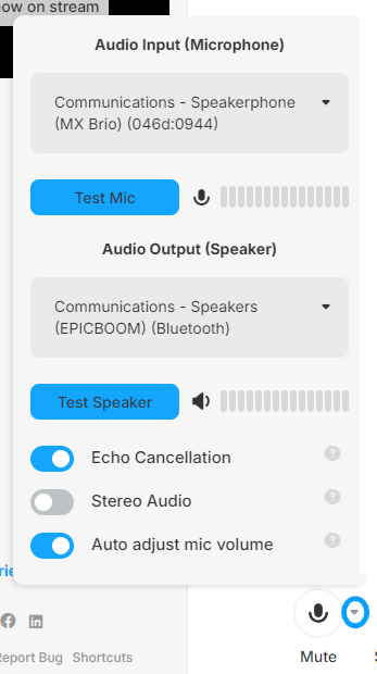 Talk Studio Audio settings menu with options for input and output devices and testing functions.